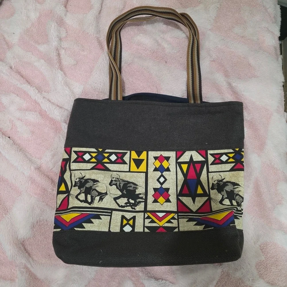 African Tribal Print Canvas Tote Bag Wildebeest Safari Geometric Shopper Grey